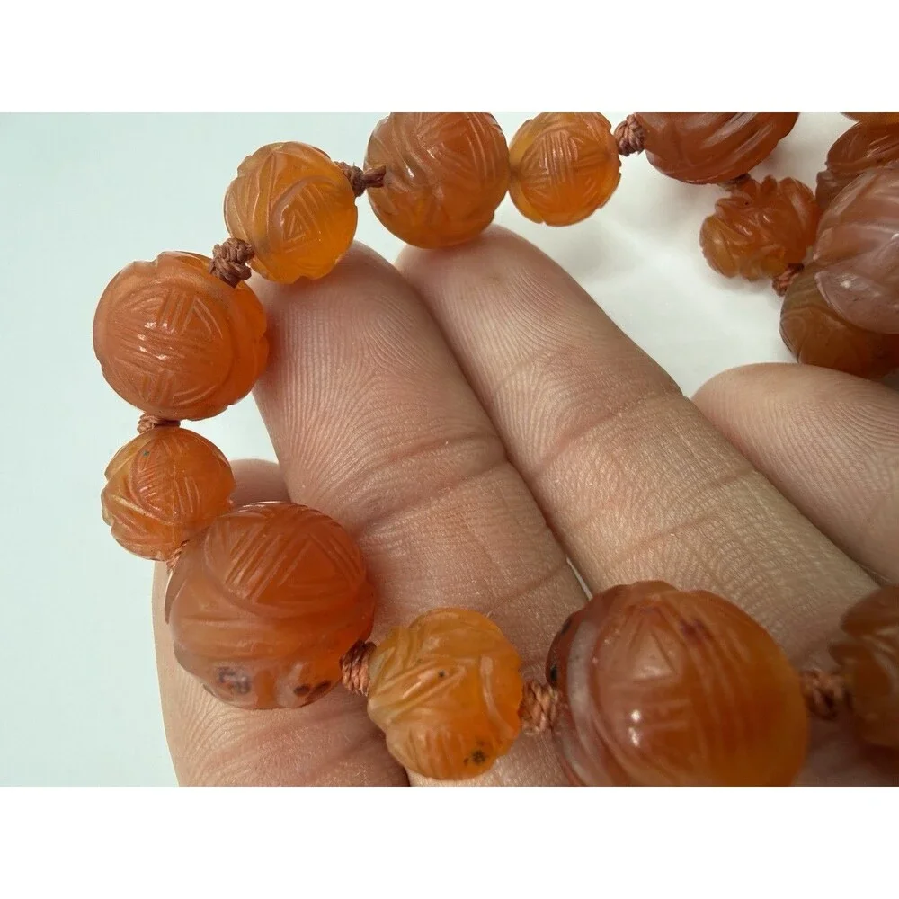Vintage Chinese Carved Carnelian Sterling Silver Filigree Art Deco Bead Necklace